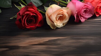 Roses on wooden background with copy space for text