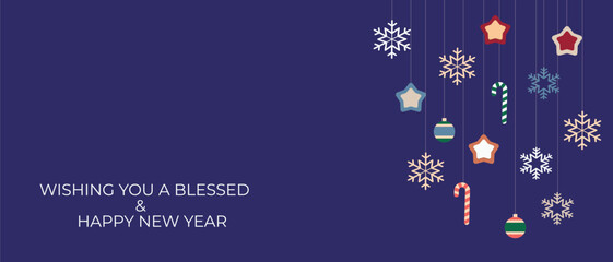 Beautiful view of a greeting banner with Christmas icons and blue background