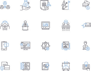 Bank outline icons collection. Loan, Savings, Mortgage, Investment, ATM, Credit, Banking vector and illustration concept set. Interest, Account, Debit linear signs