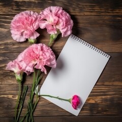 Carnation flower with blank page on Wooden Background with Copy Space for Text 