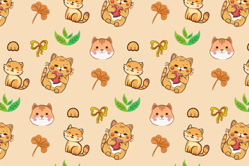 Cute Kawaii Cats or kittens in funny poses vector seamless pattern. Funny cartoon fat cats for print or sticker design. 