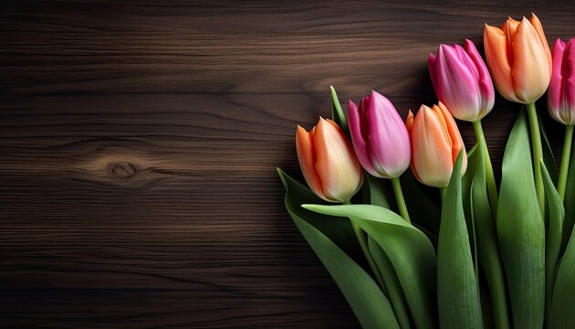 Tulips on Wooden Background with Copy Space for Text 