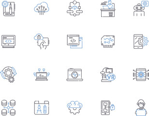 Programming coding outline icons collection. Coding, Programming, Scripting, Compiling, Debugging, Syntax, Algorithms vector and illustration concept set. Variables, Functions, Modules linear signs