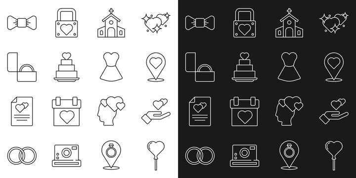 Set line Balloons in form of heart, Heart hand, Location with, Church building, Wedding cake, Diamond engagement ring, Bow tie and Woman dress icon. Vector