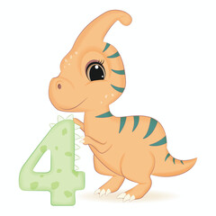 Cute Dinosaur with number 4, Primeval animal cartoon illustration