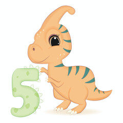 Cute Dinosaur with number 5, Primeval animal cartoon illustration