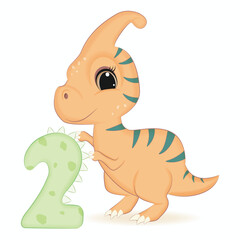 Cute Dinosaur with number 2, Primeval animal cartoon illustration
