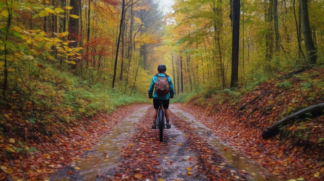 Cyclist riding a bicycle in the autumn forest. Sport and recreation. Generative AI