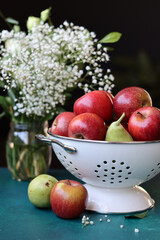 Vibrant colors still life with fresh red apples on a table. Healthy eating concept. Organic seasonal fruit close up photo. 