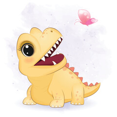 Cute Little Yellow Dinosaur, Primeval animal cartoon illustration