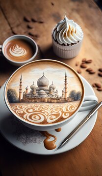 "Stunning Latte Art of a Mosque on Wooden Table - AI Generated Illustration"