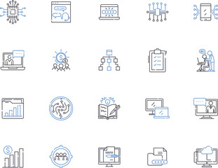Connecting business outline icons collection. Networking, Linking, Uniting, Joining, Messaging, Connecting, Collaborating vector and illustration concept set. Partnering, Linking-up, Relating linear
