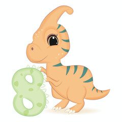 Cute Dinosaur with number 8, Primeval animal cartoon illustration