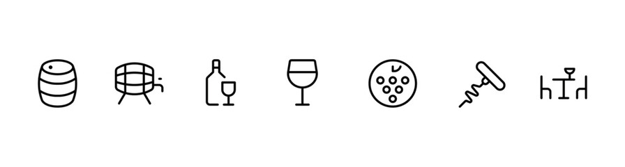 Wine related icon vector set design with Editable Stroke. Line, Solid, Flat Line, thin style and Suitable for Web Page, Mobile App, UI, UX design.