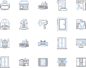 Apartment construction outline icons collection. Building, Apartment, Constructing, Engineering, Architecture, Designing, Contractors vector and illustration concept set. Steel, Concrete, Masonry