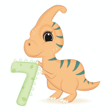 Cute Dinosaur with number 7, Primeval animal cartoon illustration © kheat