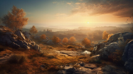 Fototapeta na wymiar Rocky autumn landscape, sunrise