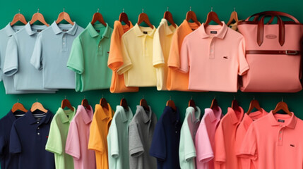 Colorful polo shirts hanging in a row on green wall background