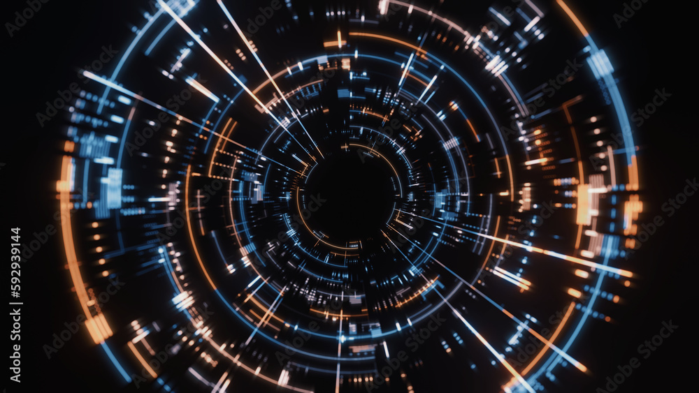  3d rendering of abstract fast moving stripe lines with glowing light flare. digital binary data. con