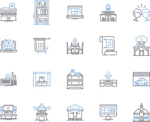 Remodeling and renovation outline icons collection. Remodelling, Renovation, Refurbishment, Reconstruction, Redesign, Restoration, Updating vector and illustration concept set. Modernizing