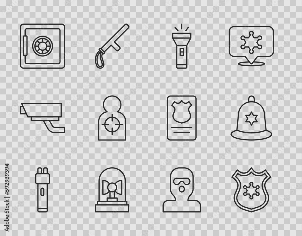 Sticker Set line Police electric shocker, badge, Flashlight, Flasher siren, Safe, Human target sport for shooting, Thief mask and British police helmet icon. Vector