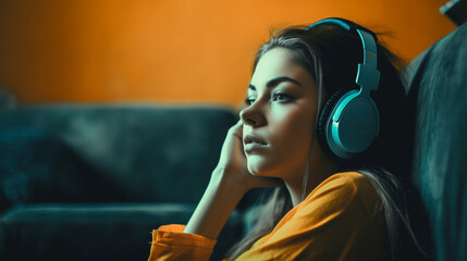 Young beautiful woman listening to music with headphones sitting on sofa at home - obrazy, fototapety, plakaty