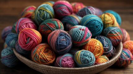 Fototapeta na wymiar colorful yarn balls in basket, close up Generative AI