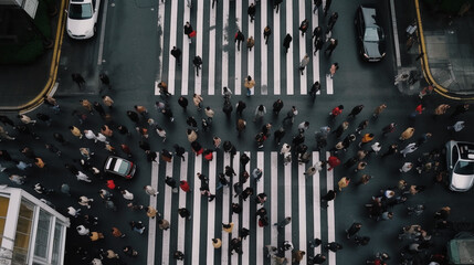 Aerial view of a crowd of people crossing a crosswalk in the city - obrazy, fototapety, plakaty