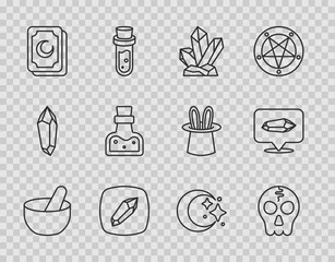 Set line Witch cauldron, Skull, Magic stone, Tarot cards, Bottle with potion, Moon and stars and icon. Vector