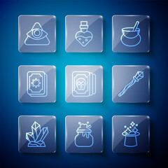 Set line Magic stone, Witch cauldron, hat, Tarot cards, All-seeing eye of God and staff icon. Vector