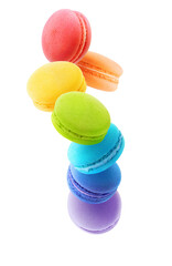 Rainbow coloured macaroons levitation. Vertical shot cut out