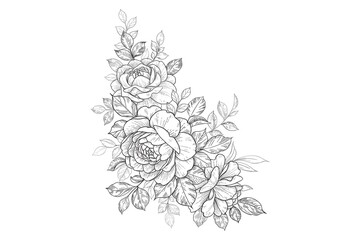 flowers spring art design graphics Vector line art monochrome elegant floral composition in vintage style, tattoo design, coloring page, wedding decoration