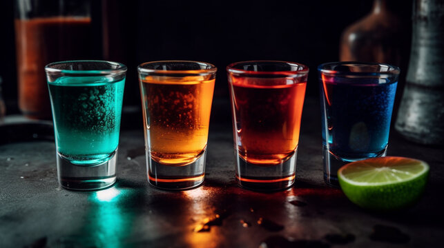 Colorful shot glasses with tequila, lime and salt on a dark background Generative AI
