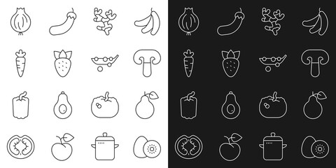 Set line Kiwi fruit, Pear, Mushroom, Ginger root, Strawberry, Carrot, Garlic and Peas icon. Vector