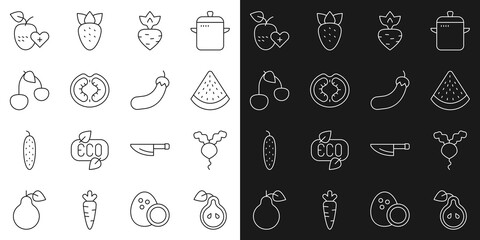 Set line Pear, Radish, Watermelon, Turnip, Tomato, Cherry, Healthy fruit and Eggplant icon. Vector
