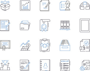 Paperwork outline icons collection. Forms, Documents, Records, Filing, Contracts, Letters, Bills vector and illustration concept set. Notices, Applications, Memoranda linear signs