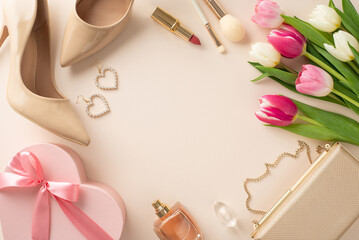 Sophisticated Mother's Day idea. Flat lay top view of high-heels, handbag, gift box, tulip flowers, lipstick, makeup brushes, and earrings on a pastel beige background with empty space for text