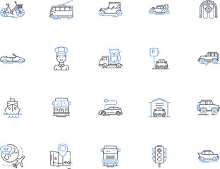 Transport set outline icons collection. Transport, Set, Vehicles, Travel, Haulage, Logistics, Wheels vector and illustration concept set. Cargo, Shipping, Railway linear signs