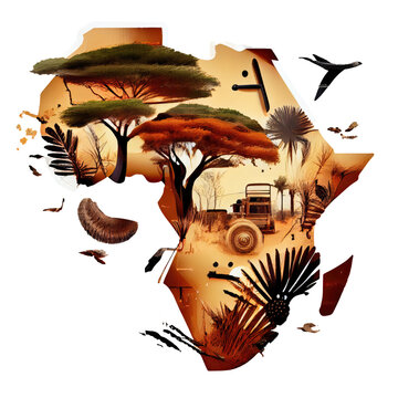 Concept travel of silhouette map Africa 3d icon ethnic pattern isolated Transparent background png. Generative ai