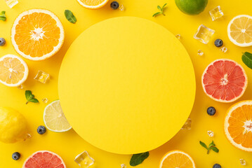 Tropical summer concept. Top flat lay view of juicy oranges, lemons, limes, grapefruits, and mint leaves on a sunny yellow background with a blank circle for text