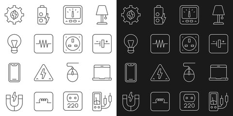 Fototapeta na wymiar Set line Ampere meter, multimeter, Laptop, DC voltage source, Resistor in electronic circuit, Creative lamp light idea, Gear and lightning and Electrical outlet icon. Vector