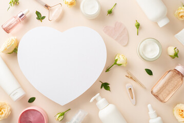 Get your skin care branding noticed with this stunning top view flat lay featuring serum bottles, rose petals, and an empty heart on a pastel beige background