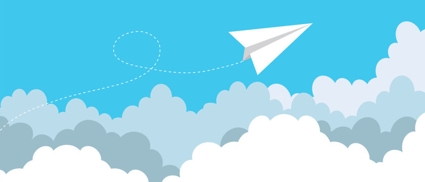 Simple clip art of a paper plane in flight over clouds