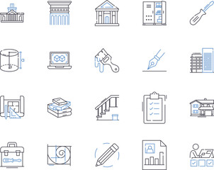 Engineering tools outline icons collection. Tools, Engineering, Instrument, Drill, Wrench, Saw, Screwdriver vector and illustration concept set. Cement, Hammer, Clamp linear signs