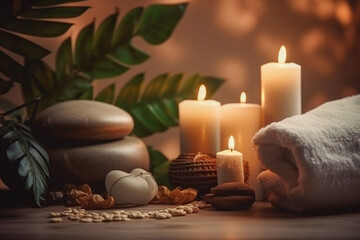 Obraz na płótnie Canvas Spa concept with stones and candles. Super photo realistic background, generative ai illustration