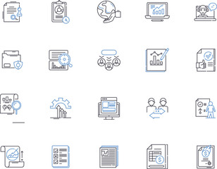 Survey and research outline icons collection. Surveying, Researching, Questioning, Examining, Investigating, Analysis, Analyzing vector and illustration concept set. Polling, Probing, Measuring linear