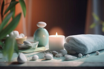 Fototapeta na wymiar Spa concept with stones and candles. Super photo realistic background, generative ai illustration