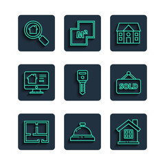 Set line House plan, Hotel service bell, key, Online real estate house, Search and Hanging sign with text Sold icon. Vector
