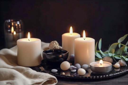 Spa concept with stones and candles. Super photo realistic background, generative ai illustration