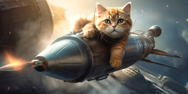 a picture of a cat flying around in a rocket